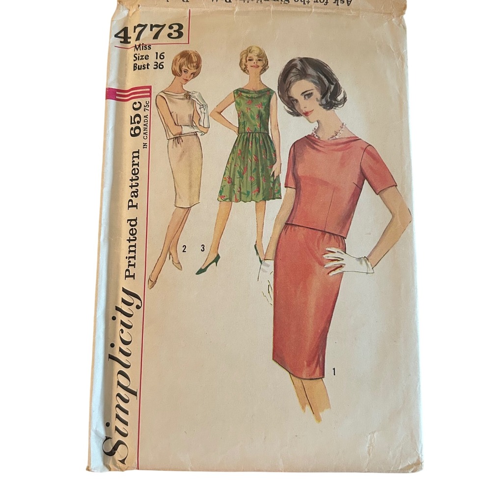 Vintage 1960s Simplicity 4773 Sewing Pattern Misses 16 Bust 36 Cowl Neck Dress